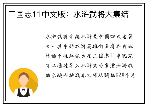 三国志11中文版：水浒武将大集结