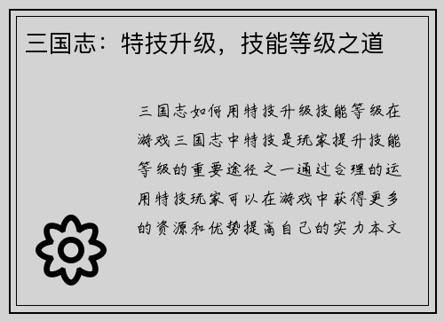 三国志：特技升级，技能等级之道